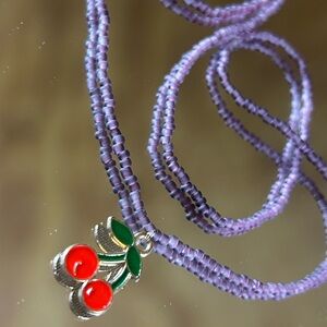 Vintage Cherry Charm Lavender Beaded Necklace Coquette Aesthetic Jewelry 24
